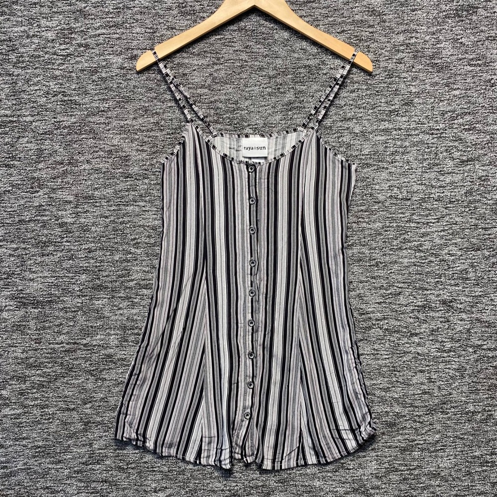 Raya Sun Striped Cami Tank Top Womens Medium Black White Button Front Boho Chic